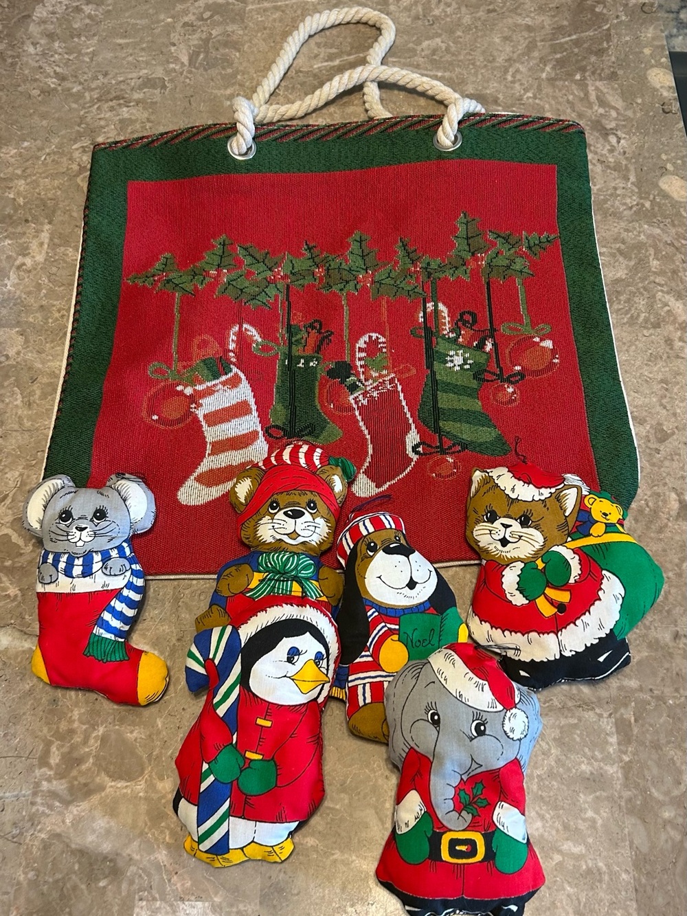 Festive Tapestry Tote & 6 vintage hand sewn stuffed ornament’s. Animals Soft